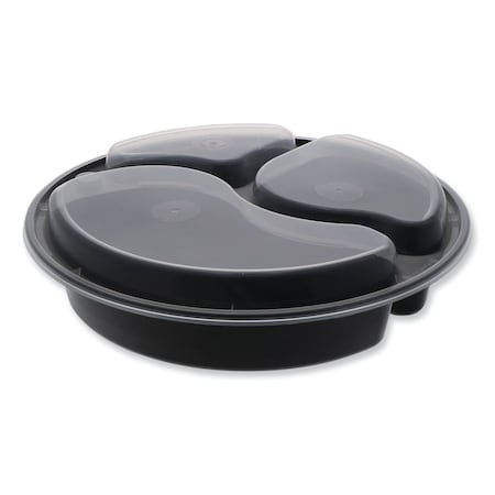 Pactiv Evergreen VERSAtainer Microwavable Containers, Round, 3-Comp, 39 oz, 9 x 9 x 2.25, Black/Clear, Plastic, 150PK NC9388B